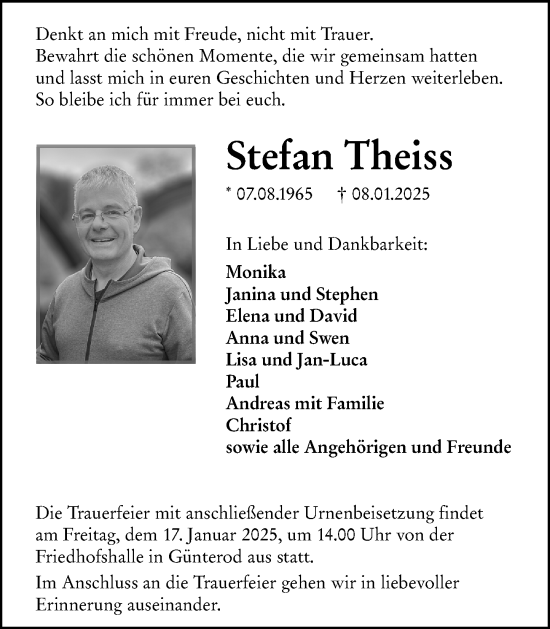 Traueranzeige von Stefan Theiss von Hinterländer Anzeiger