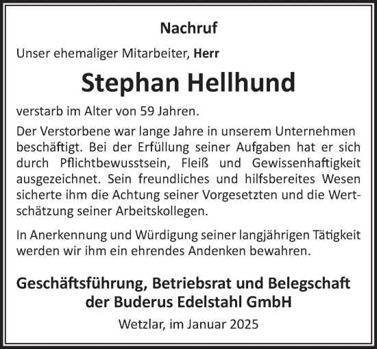 Traueranzeige von Stephan Hellhund von Wetzlarer Neue Zeitung