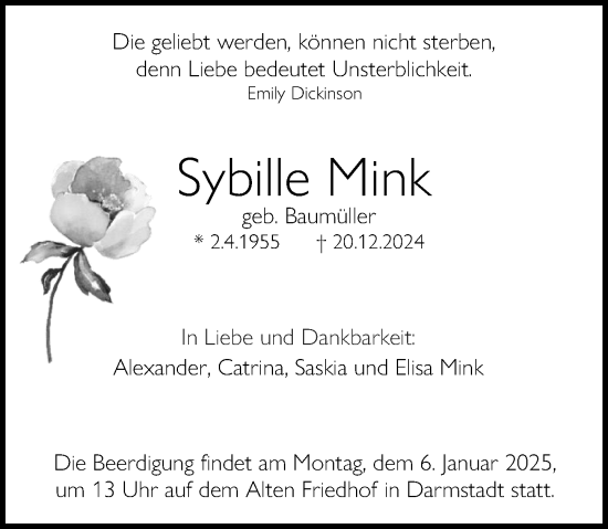 Traueranzeige von Sybille Mink von Darmstädter Echo