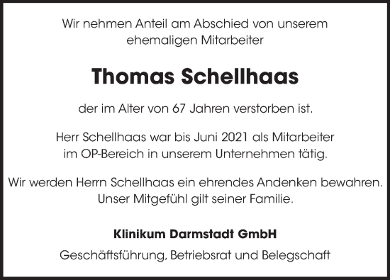 Traueranzeige von Thomas Schellhaas von Darmstädter Echo