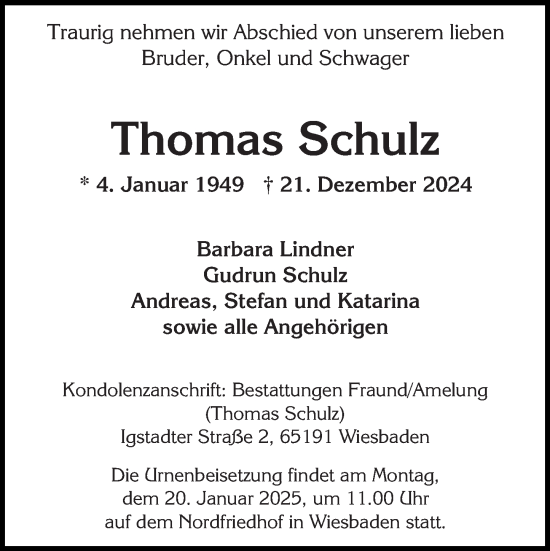Traueranzeige von Thomas Schulz von Wiesbadener Kurier