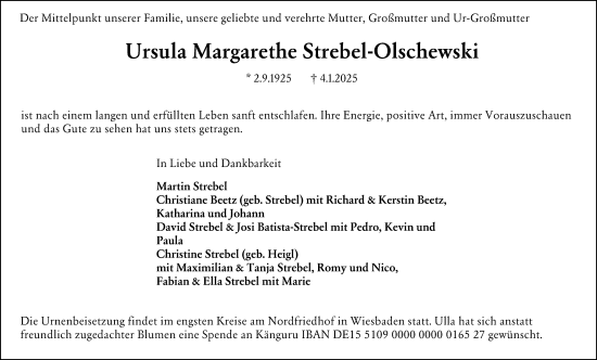 Traueranzeige von Ursula Margarethe Strebel-Olschewski von Wiesbadener Kurier
