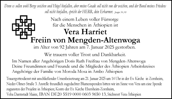 Traueranzeige von Vera Harriet Freifrau von Mengden-Altenwoga von Allgemeine Zeitung Mainz
