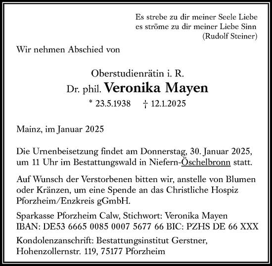 Traueranzeige von Veronika Mayen von Allgemeine Zeitung Mainz