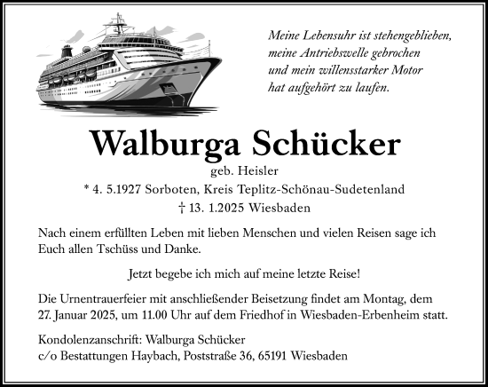 Traueranzeige von Walburga Schücker von Wiesbadener Kurier