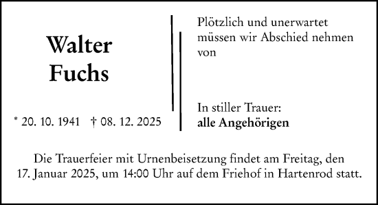 Traueranzeige von Walter Fuchs von Hinterländer Anzeiger