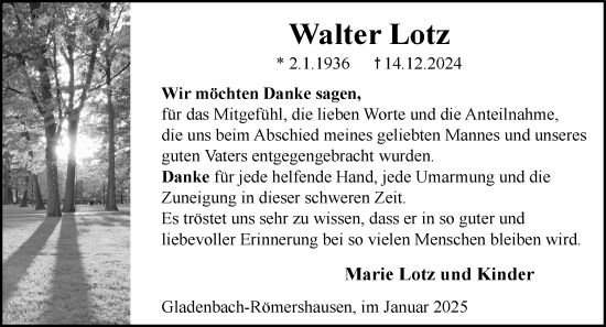 Traueranzeige von Walter Lotz von Hinterländer Anzeiger