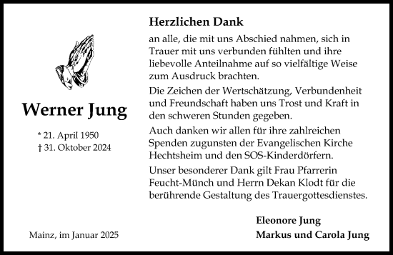 Traueranzeige von Werner Jung von Allgemeine Zeitung Mainz