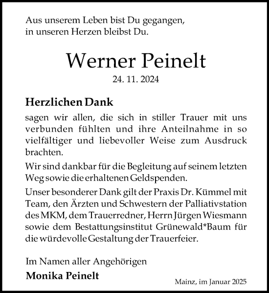 Traueranzeige von Werner Peinelt von Allgemeine Zeitung Mainz