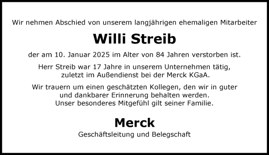 Traueranzeige von Willi Streib von Darmstädter Echo