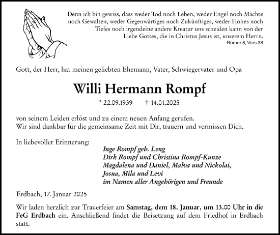 Traueranzeige von Willi Hermann Rompf von Dill Block
