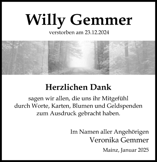 Traueranzeige von Willy Gemmer von Allgemeine Zeitung Mainz