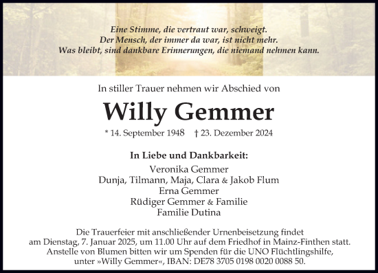 Traueranzeige von Willy Gemmer von Allgemeine Zeitung Mainz