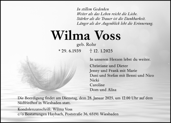 Traueranzeige von Wilma Voss von Wiesbadener Kurier