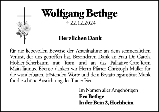 Traueranzeige von Wolfgang Bethge von Hochheimer Zeitung