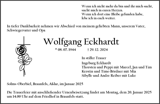 Traueranzeige von Wolfgang Eckhardt von Wetzlarer Neue Zeitung