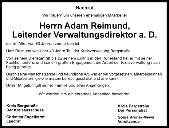 Traueranzeige von Adam Reimund von Starkenburger Echo