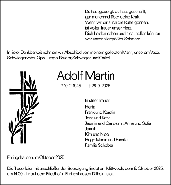 Traueranzeige von Adolf Martin von Wetzlarer Neue Zeitung