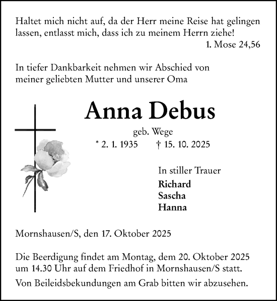 Traueranzeige von Anna Debus von Hinterländer Anzeiger