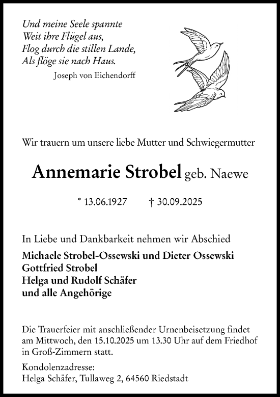 Traueranzeige von Annemarie Strobel von Darmstädter Echo