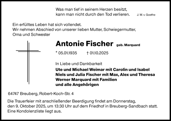 Traueranzeige von Antonie Fischer von Odenwälder Echo