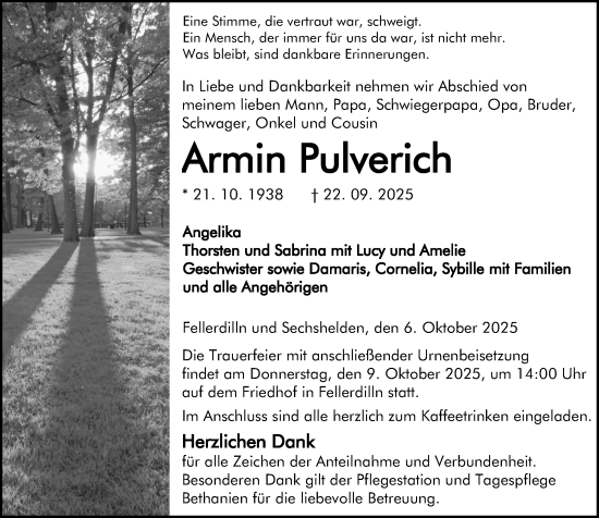 Traueranzeige von Armin Pulverich von Dill Block