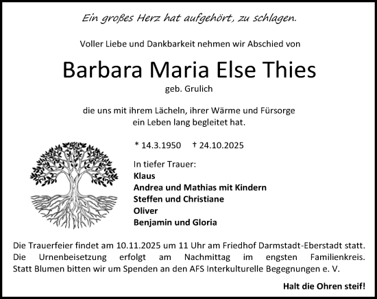 Traueranzeige von Barbara Maria Else Thies von Darmstädter Echo