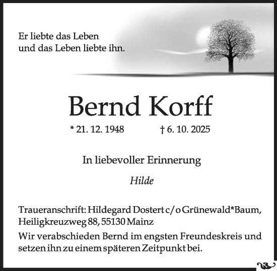 Traueranzeige von Bernd Korff von Allgemeine Zeitung Mainz