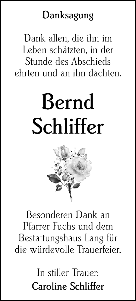 Traueranzeige von Bernd Schliffer von Weilburger Tageblatt