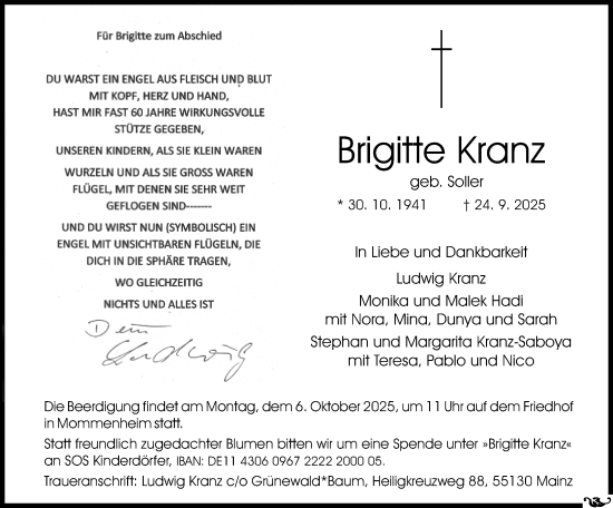 Traueranzeige von Brigitte Kranz von Allgemeine Zeitung Mainz