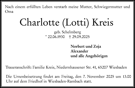 Traueranzeige von Charlotte Kreis von Wiesbadener Kurier