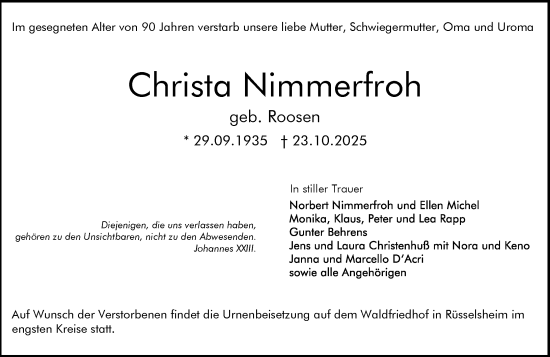Traueranzeige von Christa Nimmerfroh von Rüsselsheimer Echo