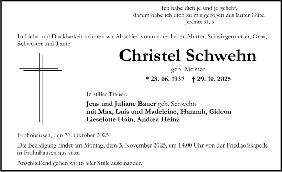 Traueranzeige von Christel Schwehn von Dill Block