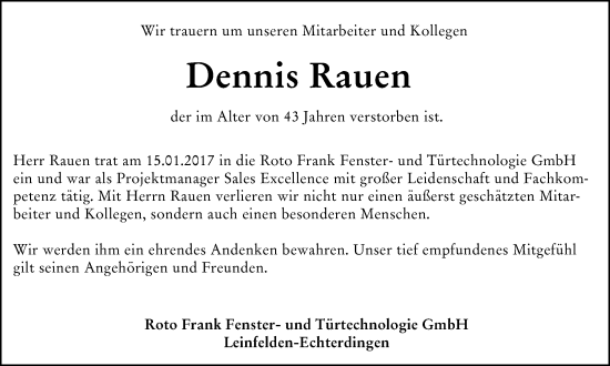 Traueranzeige von Dennis Rauen von Rüsselsheimer Echo