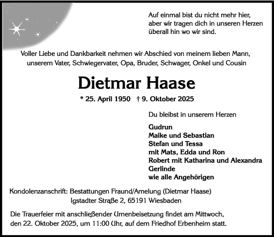 Traueranzeige von Dietmar Haase von Wiesbadener Kurier