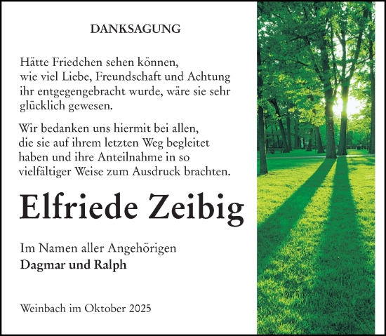 Traueranzeige von Elfriede Zeibig von Weilburger Tageblatt