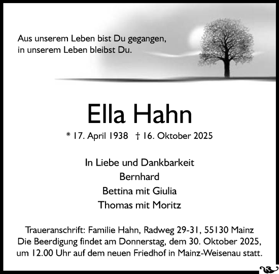 Traueranzeige von Ella Hahn von Allgemeine Zeitung Mainz