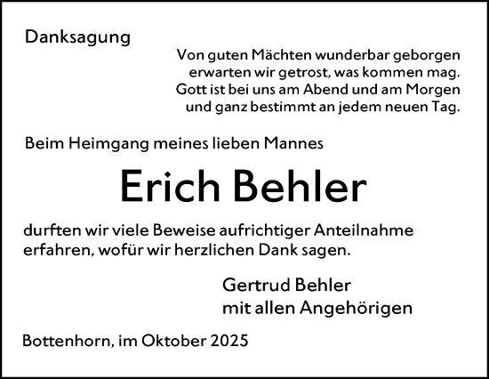 Traueranzeige von Erich Behler von Hinterländer Anzeiger
