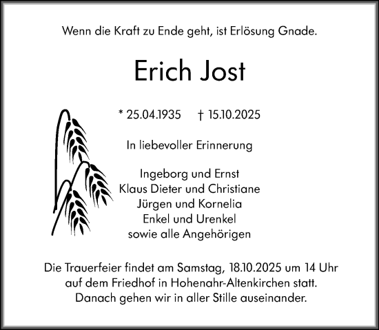 Traueranzeige von Erich Jost von Wetzlarer Neue Zeitung