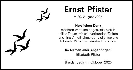 Traueranzeige von Ernst Pfister von Hinterländer Anzeiger