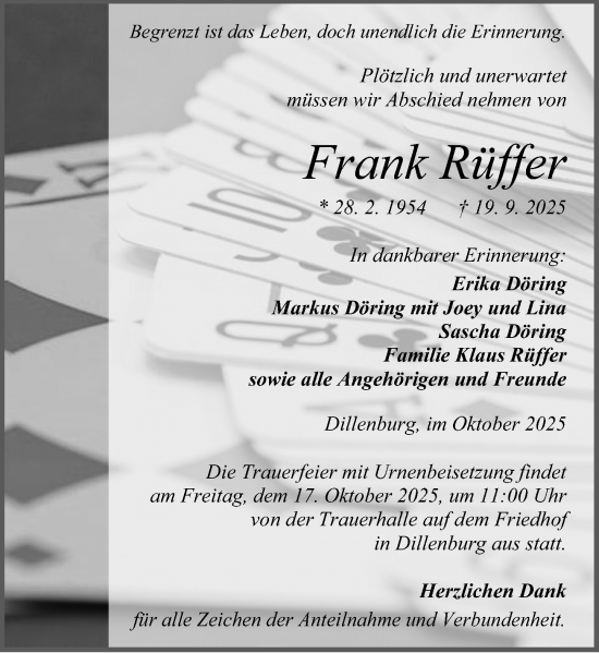 Traueranzeige von Frank Rüffer von Dill Block