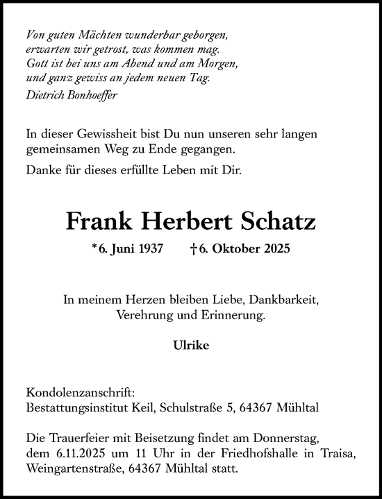 Traueranzeige von Frank Herbert Schatz von Darmstädter Echo