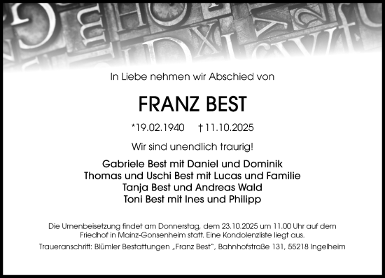 Traueranzeige von Franz Best von Allgemeine Zeitung Mainz