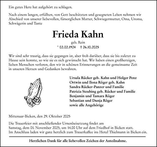 Traueranzeige von Frieda Kahn von Dill Block