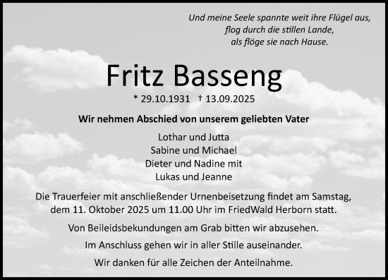 Traueranzeige von Fritz Basseng von Wetzlarer Neue Zeitung