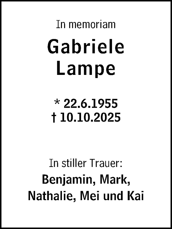 Traueranzeige von Gabriele Lampe von Darmstädter Echo