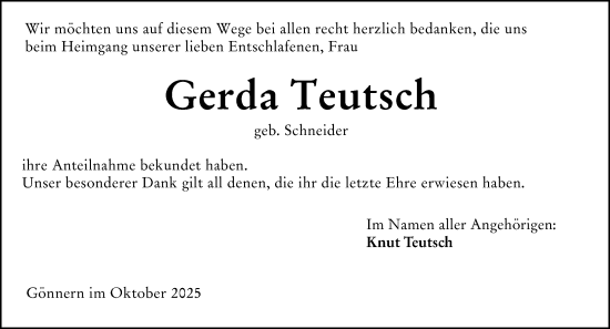 Traueranzeige von Gerda Teutsch von Hinterländer Anzeiger