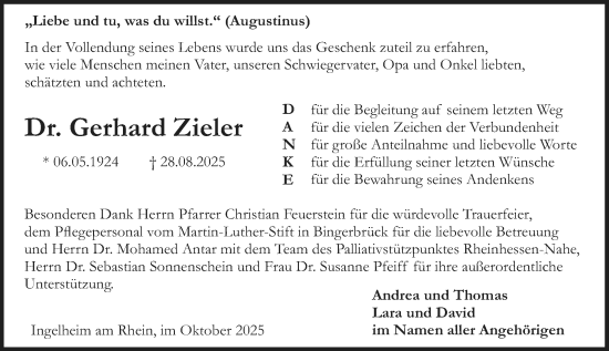 Traueranzeige von Gerhard Zieler von Odenwälder Echo