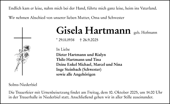 Traueranzeige von Gisela Hartmann von Wetzlarer Neue Zeitung