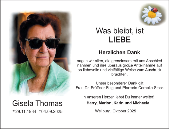 Traueranzeige von Gisela Thomas von Weilburger Tageblatt